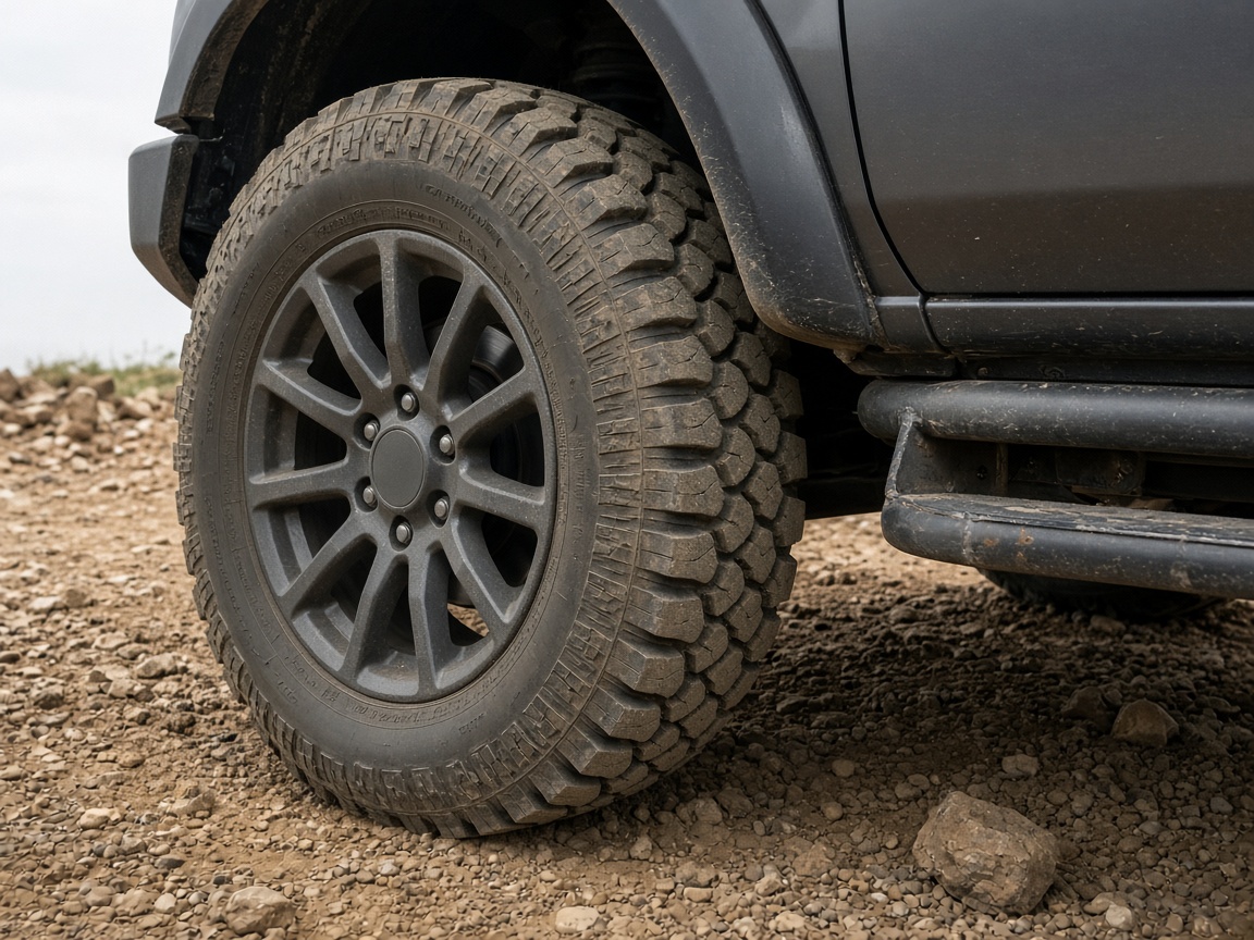 Close photo of a thick all-terrain tire on a Jeep